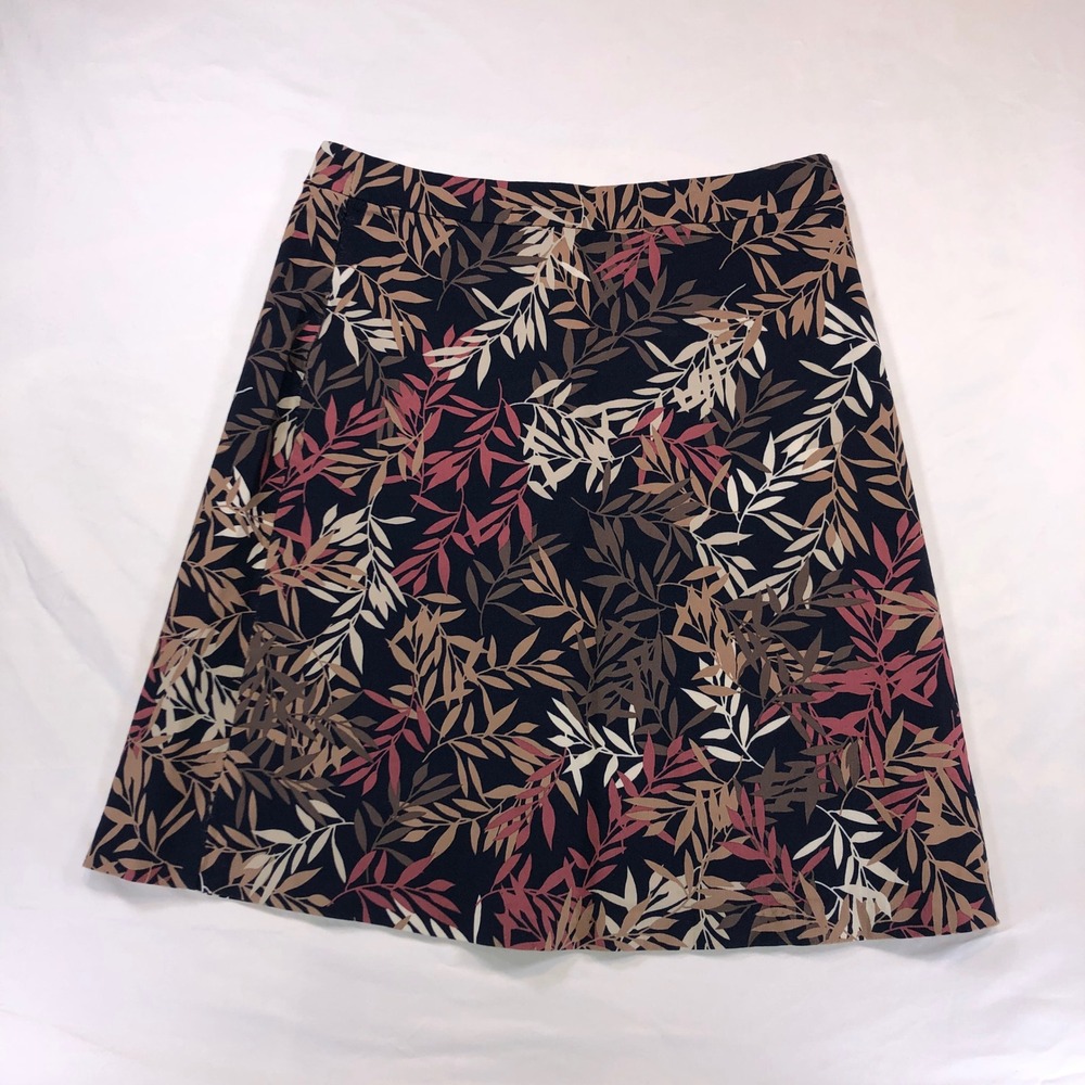 Margaret M Womens Small A-Line Skirt Navy Blue Tan Leaf Print Made in Canada